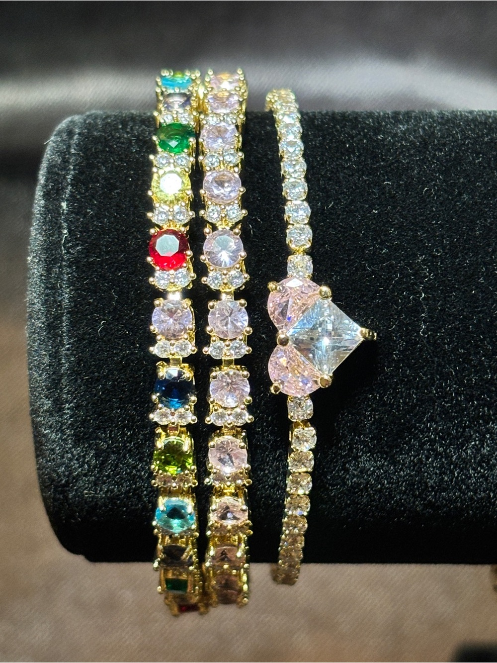 Pretty Bird Yellow Gold Multicolor, Pink & Heart CZ Tennis Stack 8”